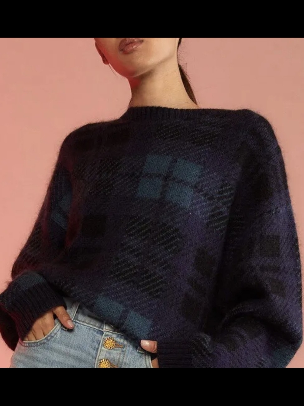Cynthia Rowley Navy & Teal Plaid Crewneck Sweater